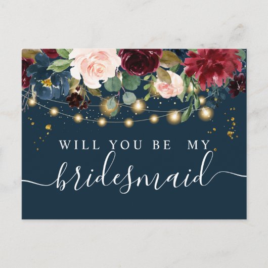 Rustic Bourgondië Navyblauw & Rode Bloemen & Licht Uitnodiging Briefkaart (Voorkant)