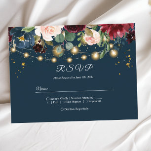 Rustic Bourgondië Navyblauw & Rode Bloemen & Licht Uitnodiging Briefkaart