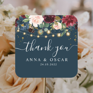 Rustic Bourgondië Navyblauw & Rode Bloemen & Licht Vierkante Sticker