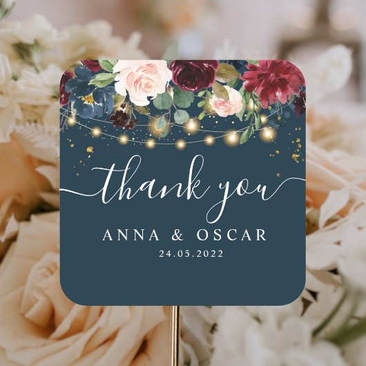 Rustic Bourgondië Navyblauw & Rode Bloemen & Licht Vierkante Sticker