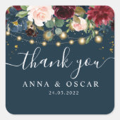 Rustic Bourgondië Navyblauw & Rode Bloemen & Licht Vierkante Sticker (Voorkant)