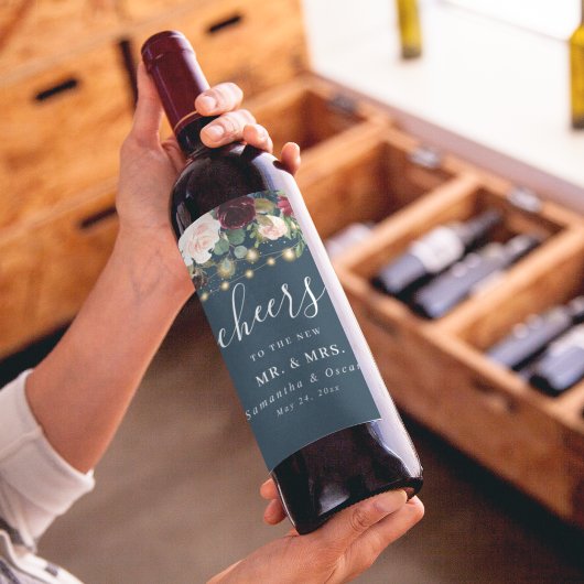 Rustic Bourgondië Navyblauw & Rode Bloemen & Licht Wijn Etiket