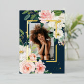 Rustic Bourgondië Navyblauw & Roze Bloem Echt Foli Folie Uitnodiging (Staand Voorkant)