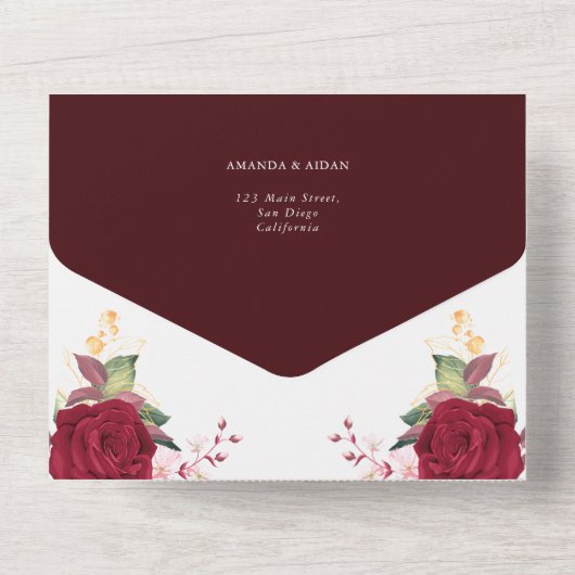 Rustic Bourgondië Romantische Rode Bloemige Bruilo All In One Uitnodiging (Achterkant)