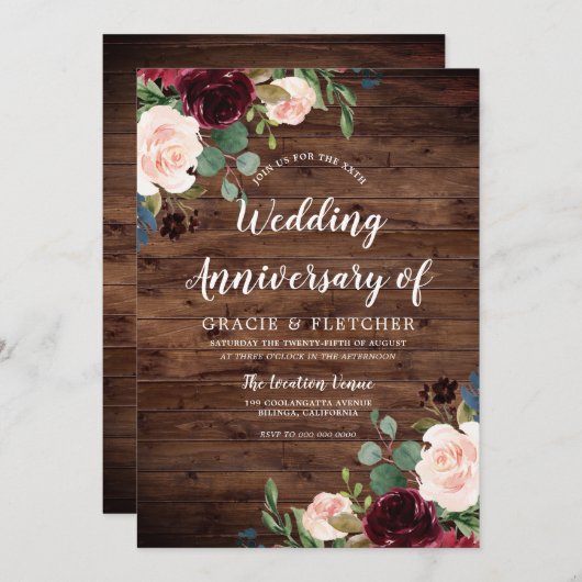 Rustic Bourgondië Rood Huwelijksjubileum Alle Jare Kaart (Voorkant / Achterkant)