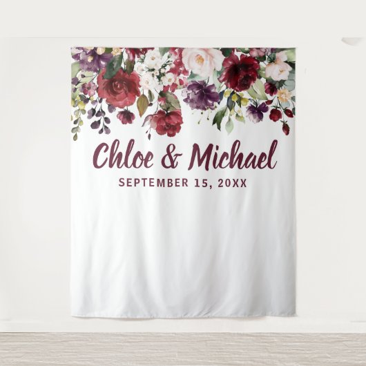 Rustic Bourgondië Rood Photobooth Trouwachtergrond Wandkleed (Voorkant)