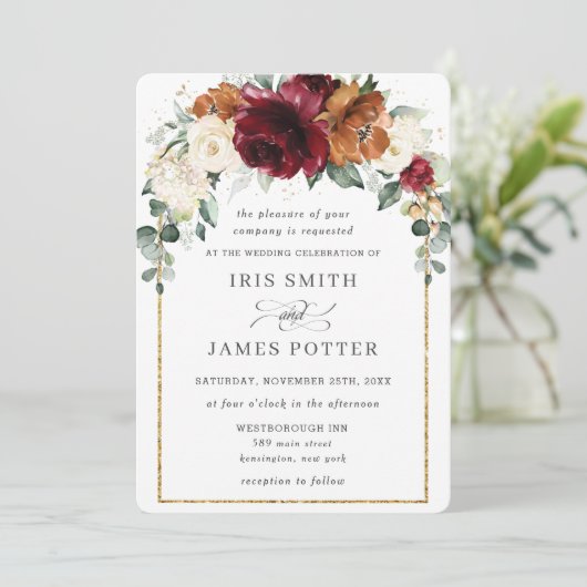 Rustic Bourgondië Verbrand Oranje Ivoor Bloem Brui Kaart (Staand voorkant)