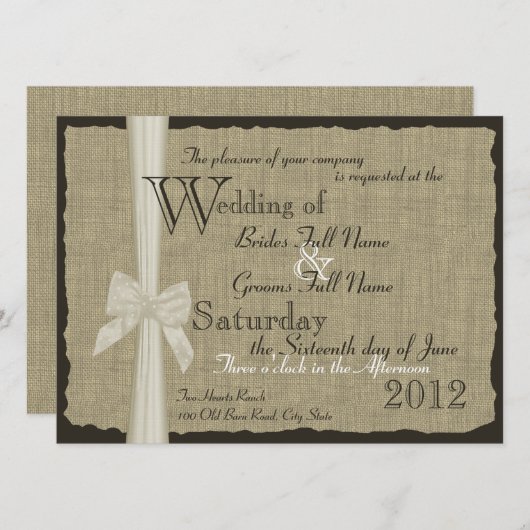 Rustic Bow and Burlap Wedding 7.5 in. Kaart (Voorkant / Achterkant)