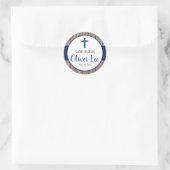 Rustic Boy Baptism Navy Burlap & Wood Favor Ronde Sticker (Tas)