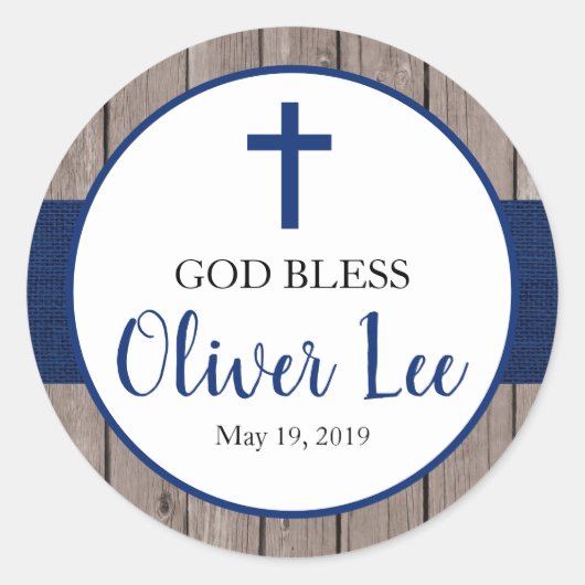 Rustic Boy Baptism Navy Burlap & Wood Favor Ronde Sticker (Voorkant)