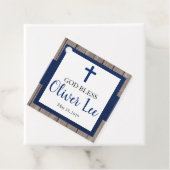 Rustic Boy Baptism Wood & Navy Bedankjes Labels (In situ)