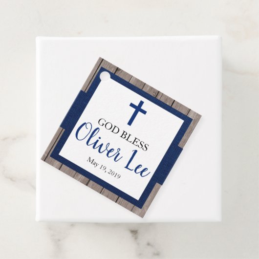 Rustic Boy Baptism Wood & Navy Bedankjes Labels (In situ)