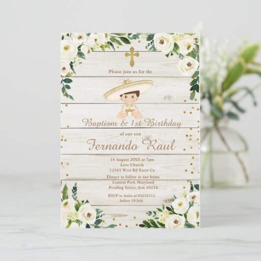 Rustic Boy doop en eerste verjaardag Mexicaan Kaart (Staand voorkant)