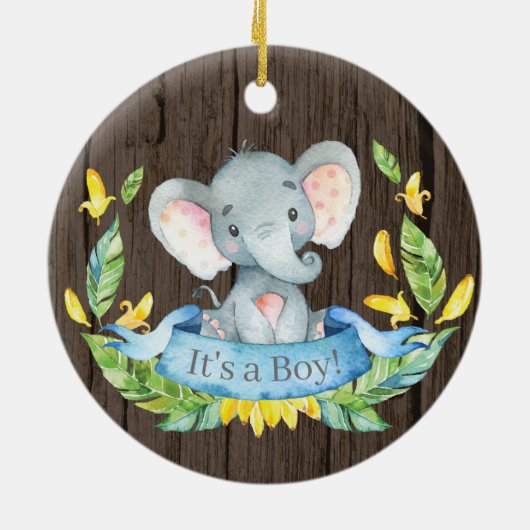 Rustic Boy Elephant Baby shower Blue Keramisch Ornament (Achterkant)