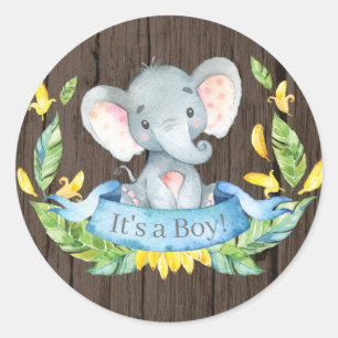 Rustic Boy Elephant Baby shower Blue Ronde Sticker