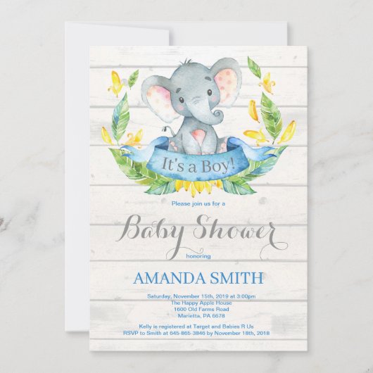 Rustic Boy Elephant Baby shower Invitation Blue Kaart (Voorkant)