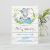 Rustic Boy Elephant Baby shower Invitation Blue Kaart (Staand voorkant)