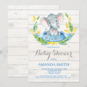 Rustic Boy Elephant Baby shower Invitation Blue Kaart (Voorkant / Achterkant)