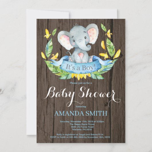Rustic Boy Elephant Baby shower Invitation Kaart (Voorkant)