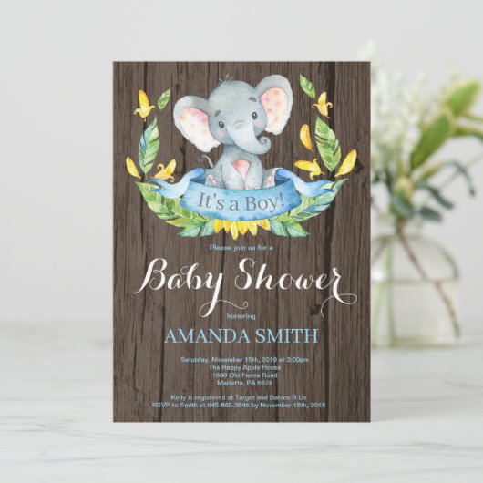 Rustic Boy Elephant Baby shower Invitation Kaart (Staand voorkant)