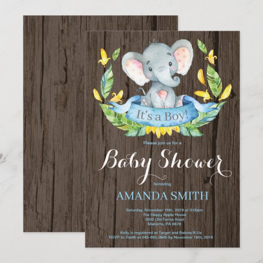Rustic Boy Elephant Baby shower Invitation Kaart (Voorkant / Achterkant)