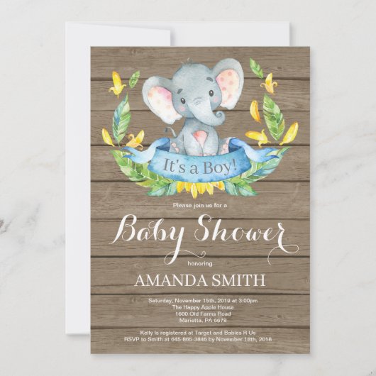 Rustic Boy Elephant Baby shower Invitation Kaart (Voorkant)