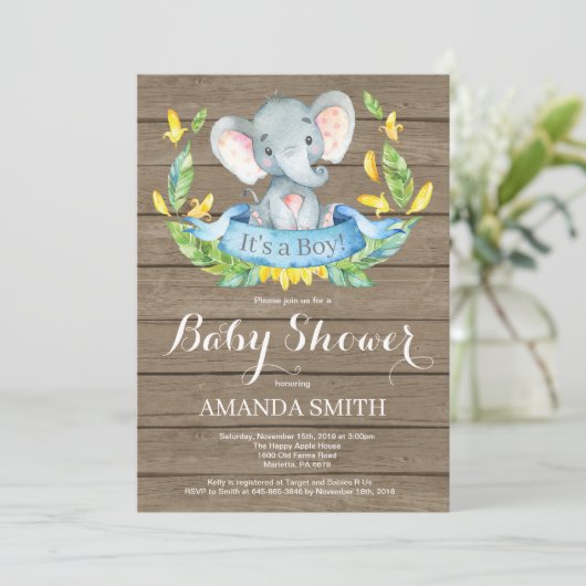 Rustic Boy Elephant Baby shower Invitation Kaart (Staand voorkant)