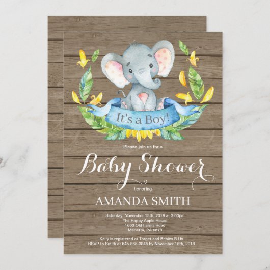Rustic Boy Elephant Baby shower Invitation Kaart (Voorkant / Achterkant)