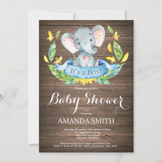 Rustic Boy Elephant Baby shower Invitation Kaart (Voorkant)