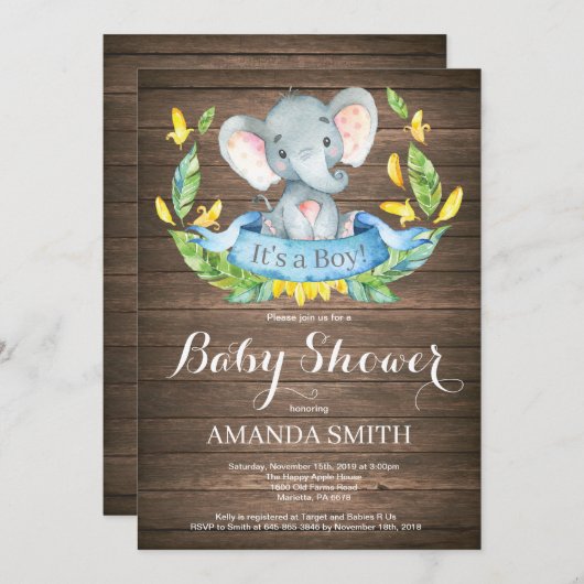 Rustic Boy Elephant Baby shower Invitation Kaart (Voorkant / Achterkant)