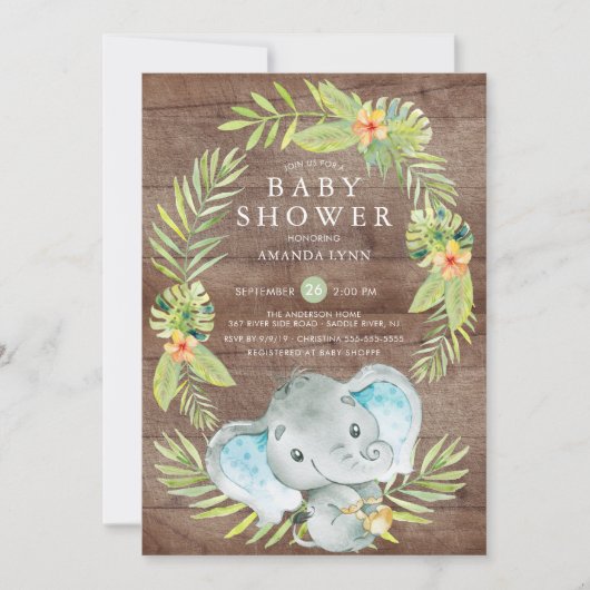 Rustic Boy Elephant Baby shower Invitation Kaart (Voorkant)