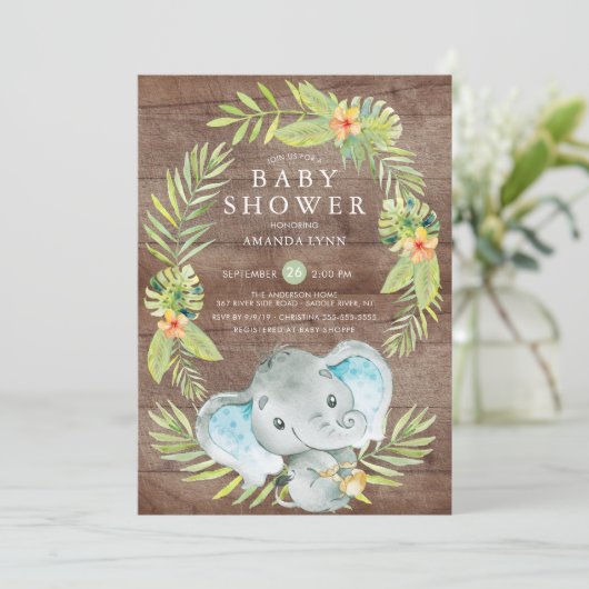 Rustic Boy Elephant Baby shower Invitation Kaart (Staand voorkant)