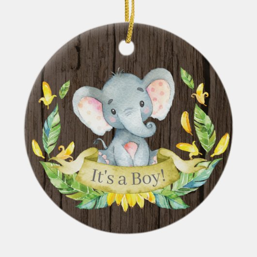 Rustic Boy Elephant Baby shower Yellow Keramisch Ornament (Voorkant)