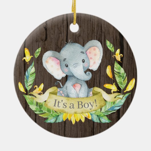 Rustic Boy Elephant Baby shower Yellow Keramisch Ornament (Achterkant)