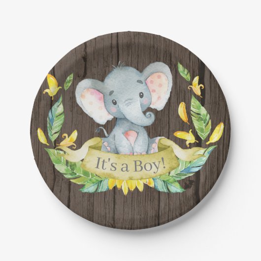 Rustic Boy Elephant Baby shower Yellow Paper Bord (Voorkant)