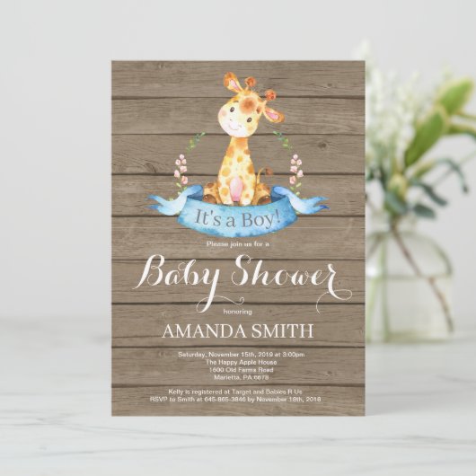 Rustic Boy Giraffe Baby shower Uitnodiging (Staand voorkant)
