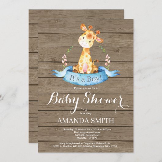 Rustic Boy Giraffe Baby shower Uitnodiging (Voorkant / Achterkant)