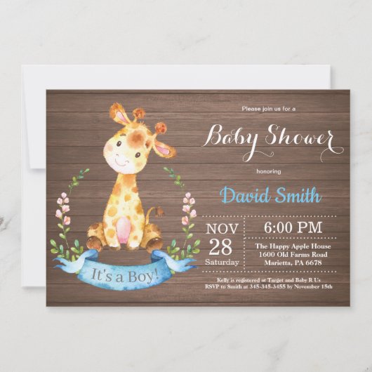 Rustic Boy Giraffe Baby shower Uitnodiging (Voorkant)