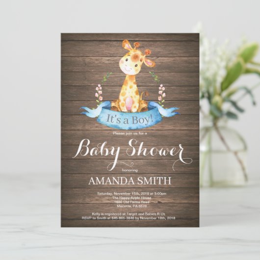 Rustic Boy Giraffe Baby shower Uitnodiging (Staand voorkant)