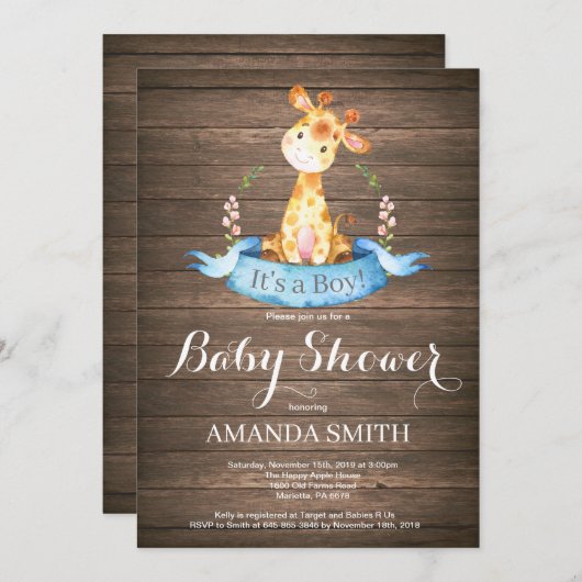 Rustic Boy Giraffe Baby shower Uitnodiging (Voorkant / Achterkant)