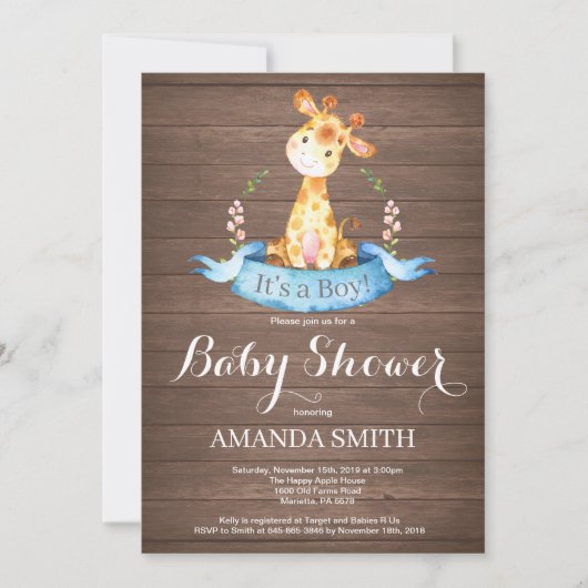 Rustic Boy Giraffe Baby shower Uitnodiging (Voorkant)