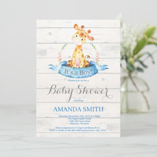 Rustic Boy Giraffe Baby shower Uitnodiging Blauw (Staand voorkant)