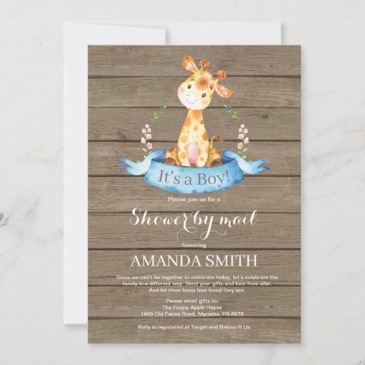 Rustic Boy Giraffe Baby shower via Mail Invitation Kaart (Voorkant)