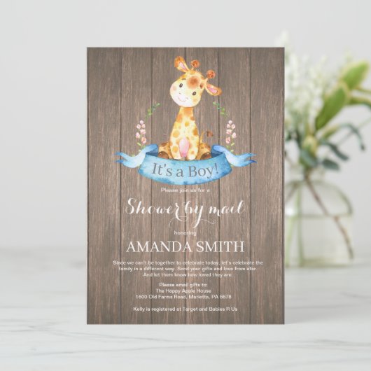 Rustic Boy Giraffe Baby shower via Mail Invitation Kaart (Staand voorkant)