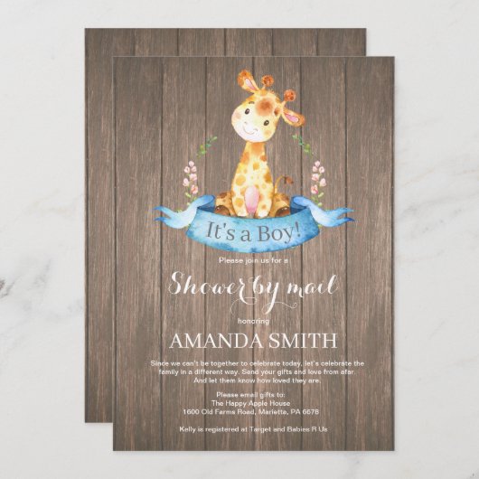 Rustic Boy Giraffe Baby shower via Mail Invitation Kaart (Voorkant / Achterkant)