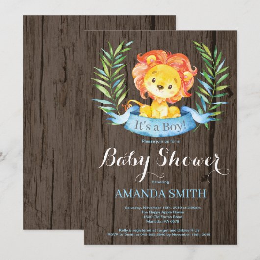Rustic Boy Lion Baby shower Uitnodiging (Voorkant / Achterkant)