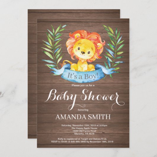 Rustic Boy Lion Baby shower Uitnodiging (Voorkant / Achterkant)