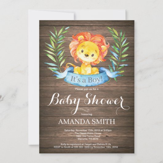 Rustic Boy Lion Baby shower Uitnodiging (Voorkant)