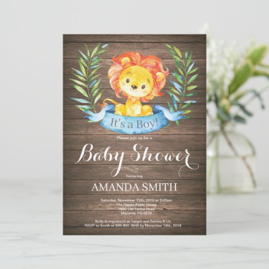 Rustic Boy Lion Baby shower Uitnodiging (Staand voorkant)