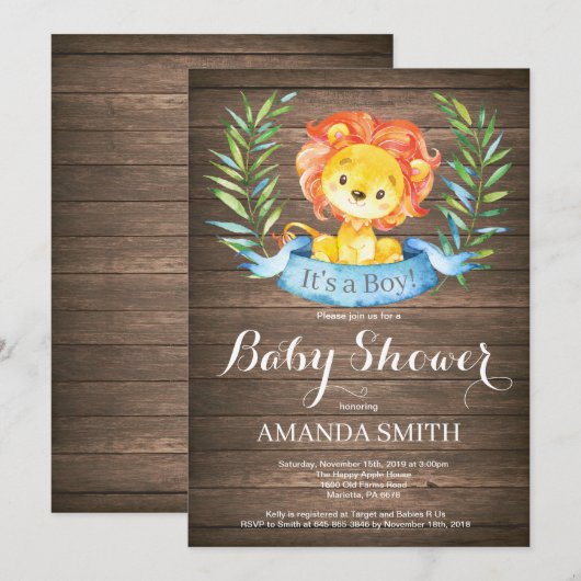 Rustic Boy Lion Baby shower Uitnodiging (Voorkant / Achterkant)